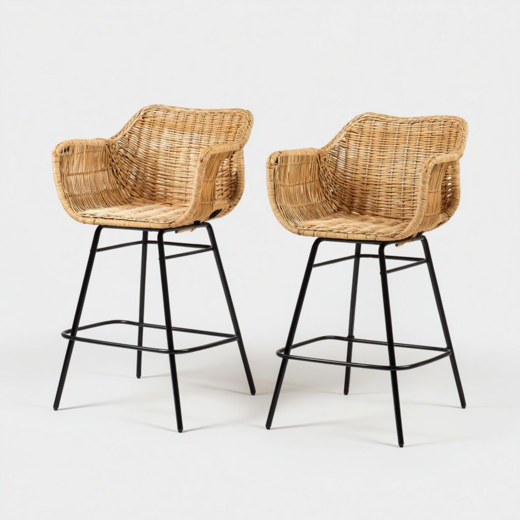 Juego de 2 taburetes altos de exterior de ratán sintético con estructura metálica negra y respaldo