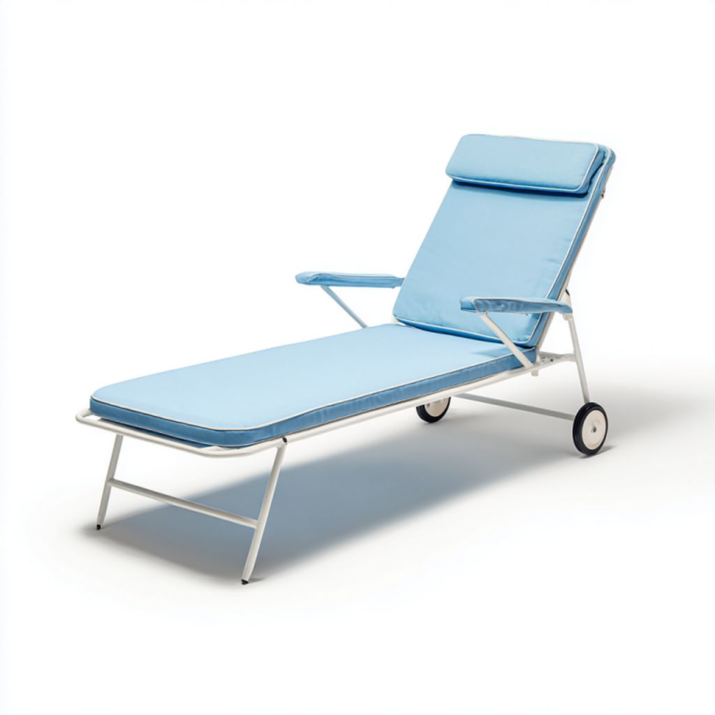 Tumbona de exterior con estructura metálica blanca y cojín azul con reposacabezas ajustable