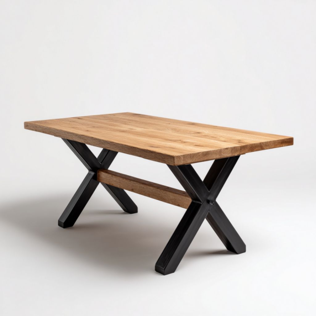 Mesa de comedor rectangular con tablero de madera y patas metálicas en X negras
