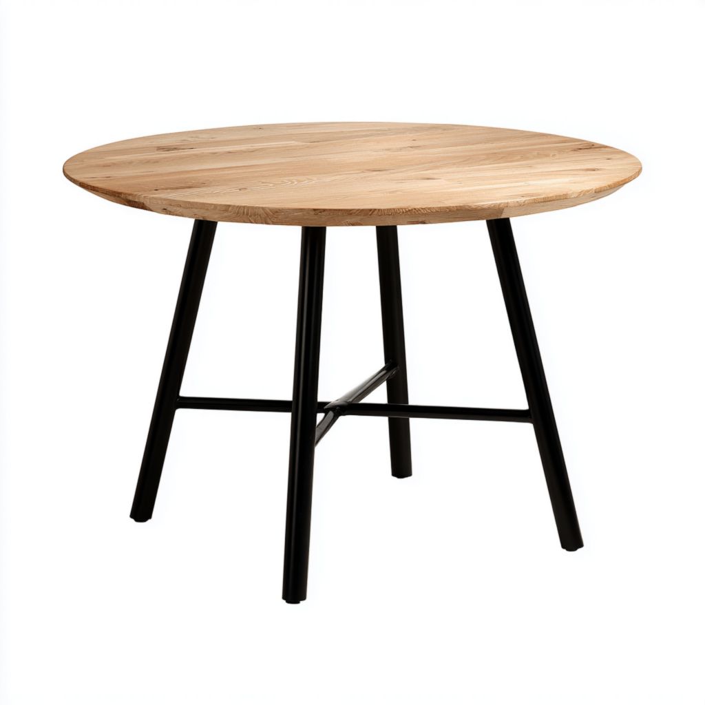 Mesa redonda con tablero de madera clara y patas metálicas negras