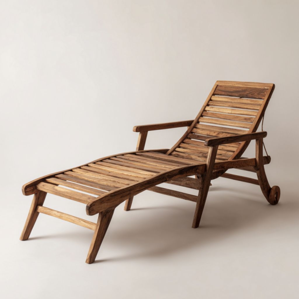 Tumbona de exterior de madera oscura con respaldo fijo