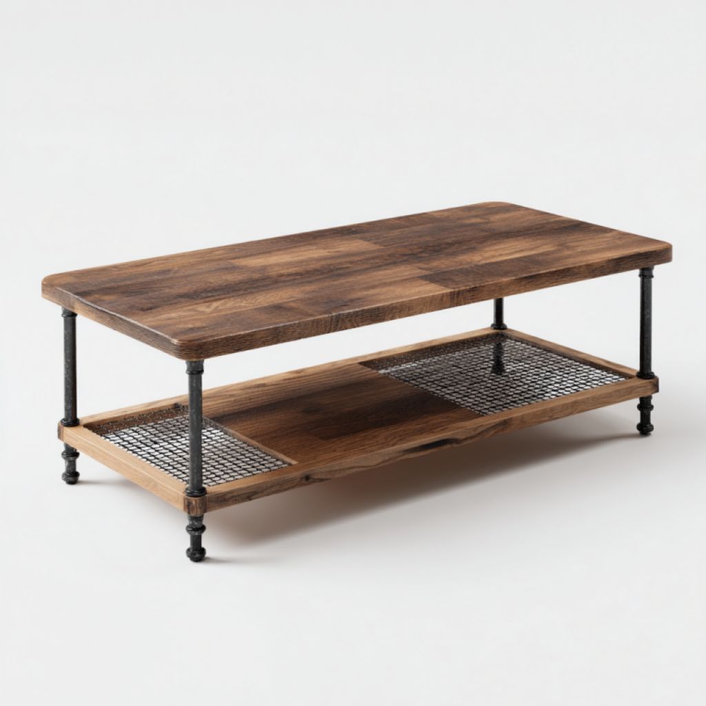 Mesa de centro industrial de madera marrón oscuro y estructura metálica