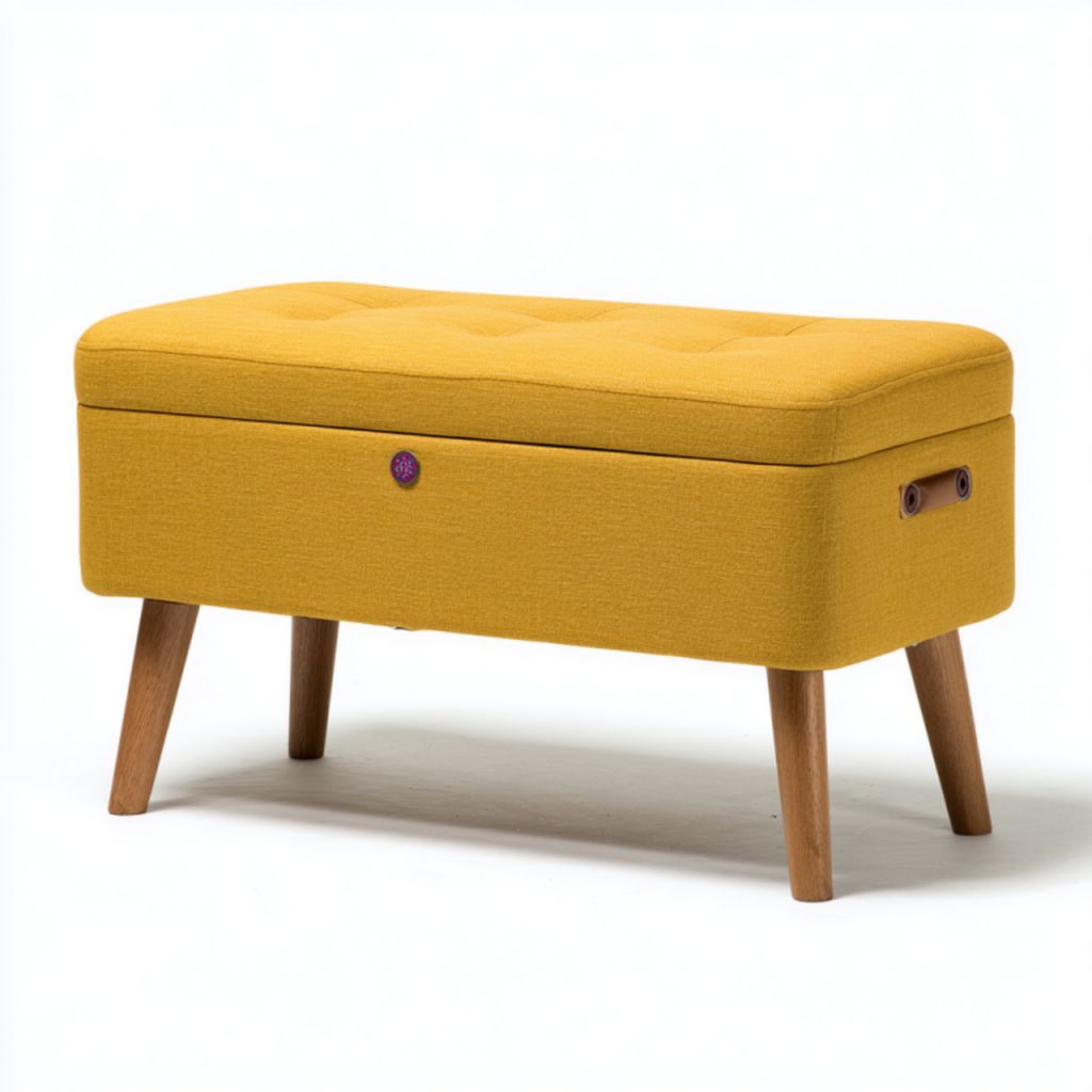 Banco almacenaje tapizado en tela amarilla con patas de madera