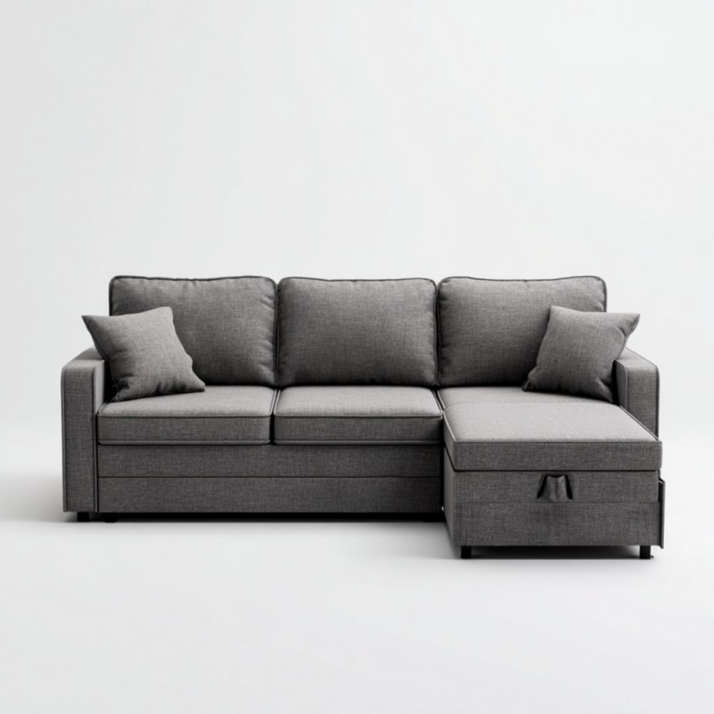 Sofá de esquina en tela gris (tres plazas con chaise longue, con espacio de almacenamiento y cojines)