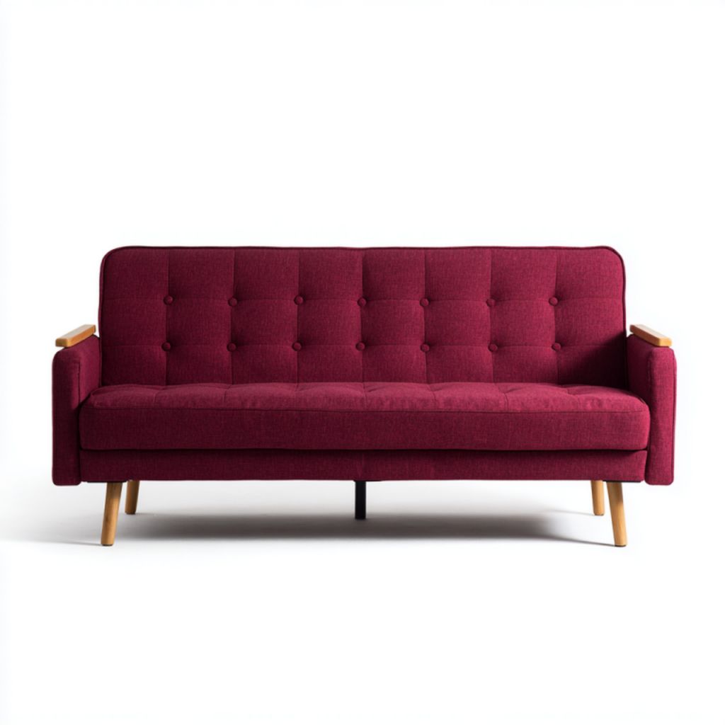 Sofá de 2 plazas burdeos de tela con reposabrazos y patas de madera