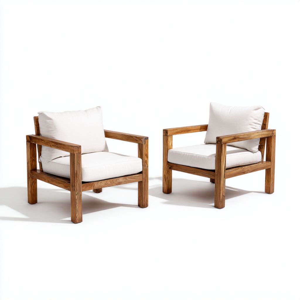 Sillones de exterior con estructura de madera y cojines blancos, diseño moderno, set de 2 unidades