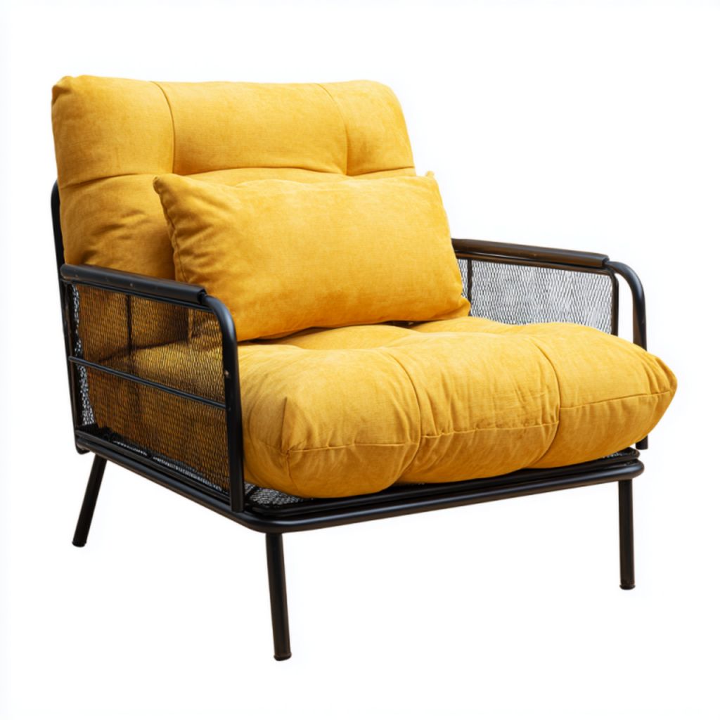 Sillón individual amarillo de tela con cojín lumbar y estructura metálica