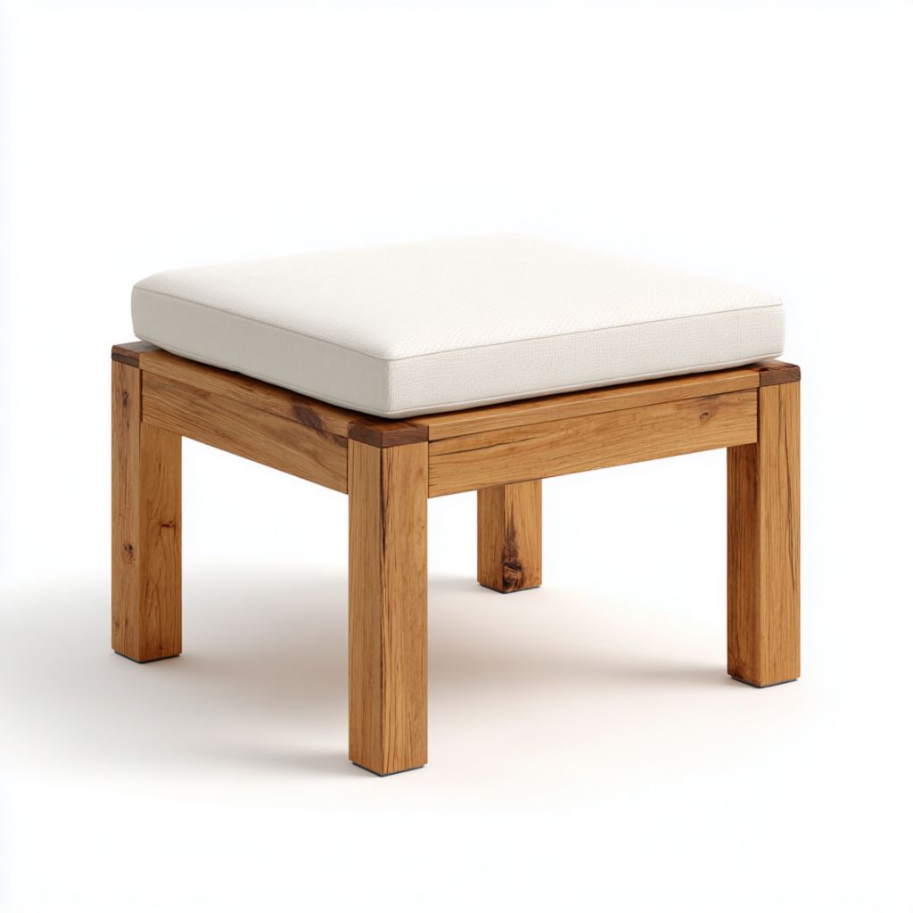 Taburete cuadrado de exterior con estructura de madera, cojín blanco y diseño moderno