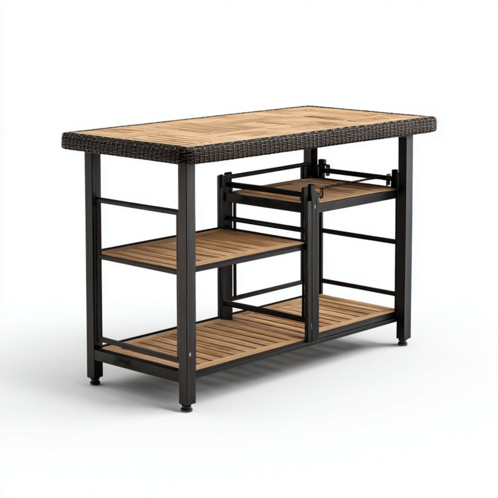 Mesa de almacenamiento exterior con estructura metálica y estantes de madera, diseño moderno