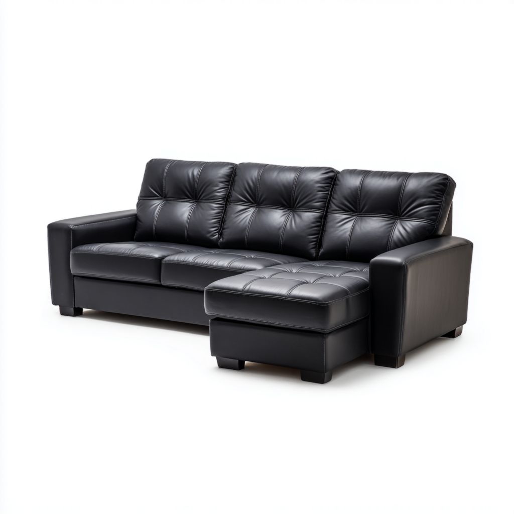 Sofá de esquina negro de piel sintética con chaise longue y estructura de madera