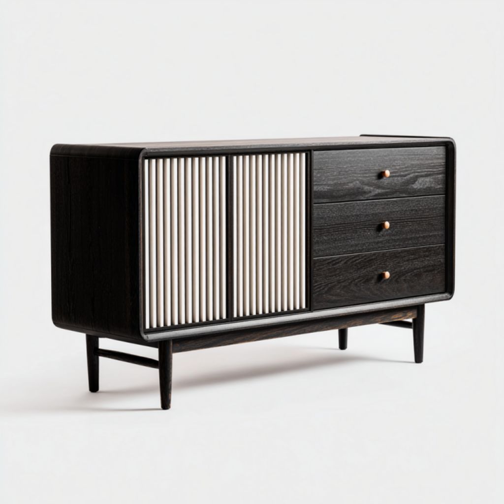 Aparador moderno negro con puertas correderas tipo celosía y tres cajones
