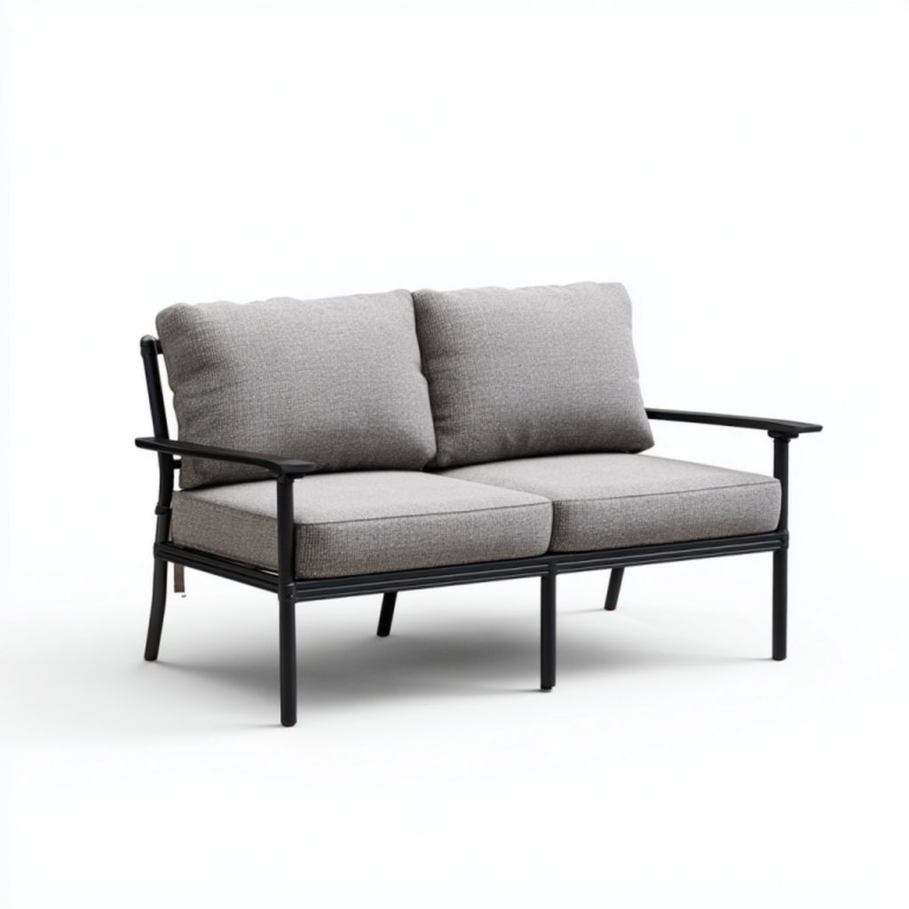 Banco de jardín metálico negro con cojines grises, 2 plazas