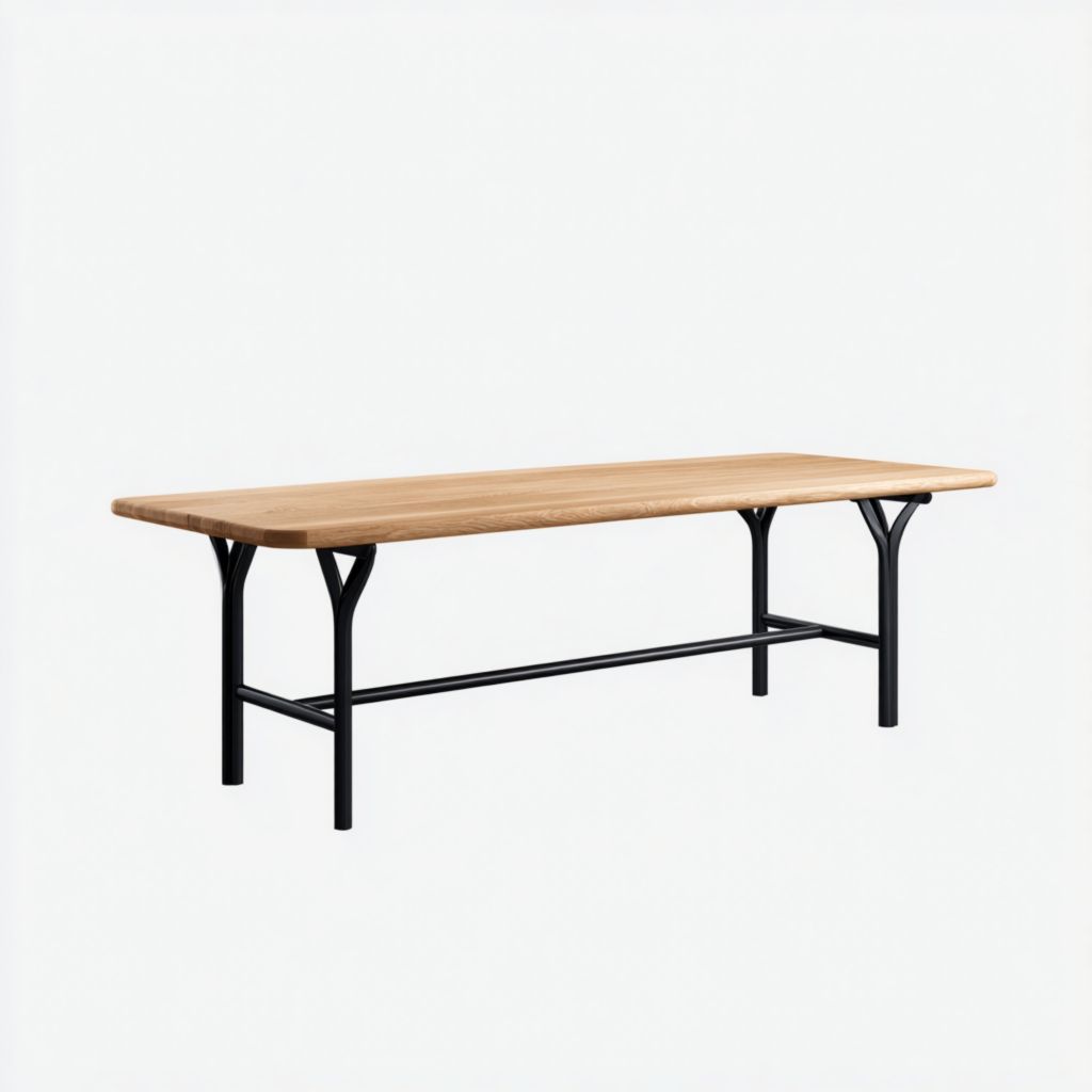 Mesa de comedor rectangular con tablero de madera y estructura metálica negra