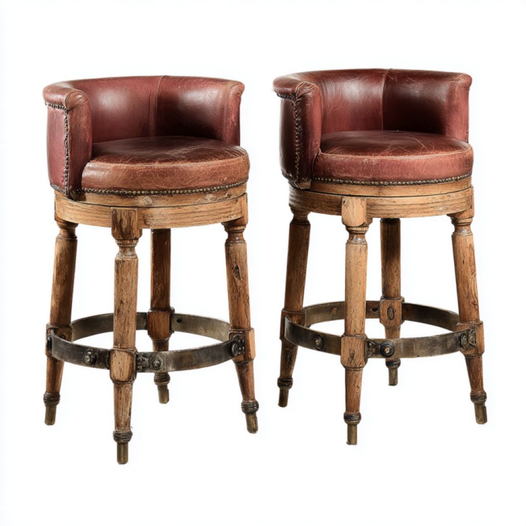 Juego de 2 taburetes altos vintage con asiento de cuero rojo y patas de madera