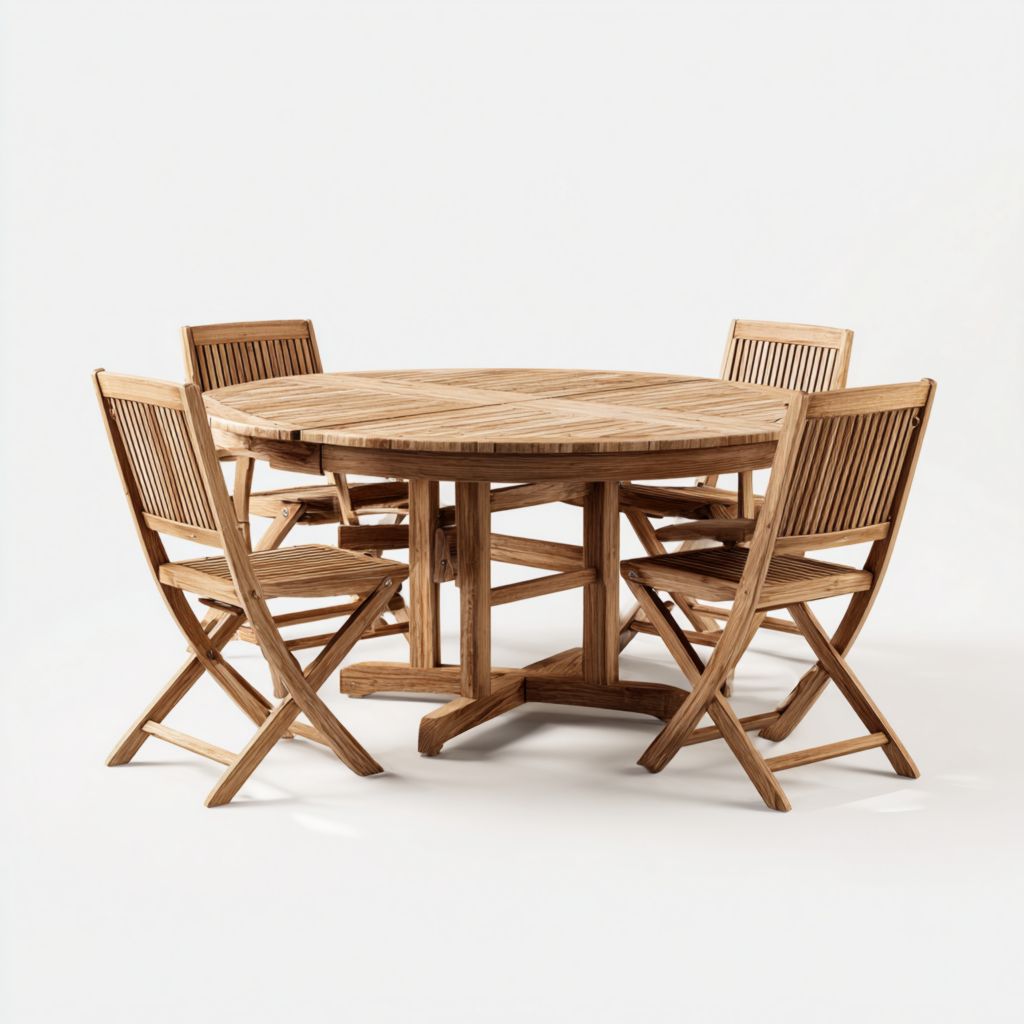 Mesa redonda de madera para exterior con 4 sillas plegables, ideal para reuniones