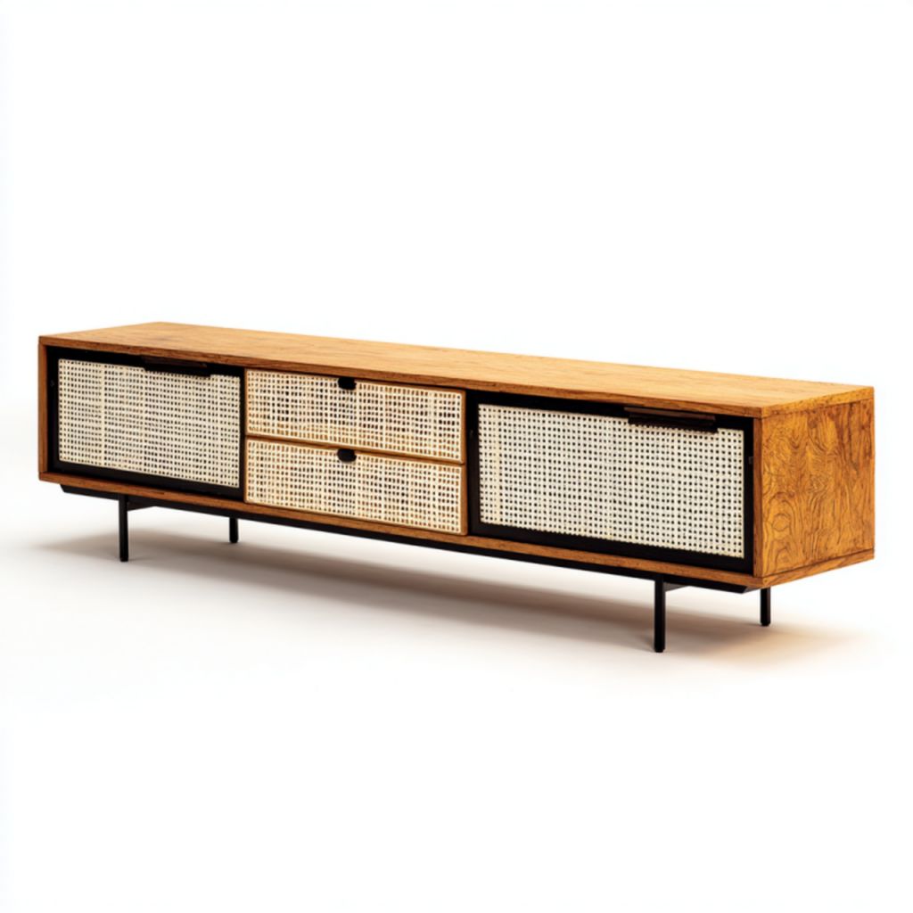 Mueble de TV madera natural y ratán, 2 puertas + 2 cajones, patas metálicas negras