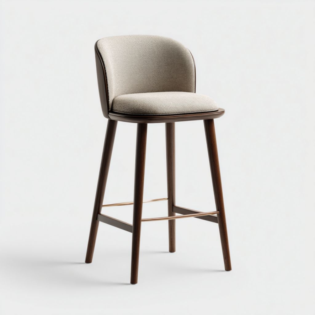 Taburete nórdico alto en beige claro con asiento acolchado y patas color nogal oscuro