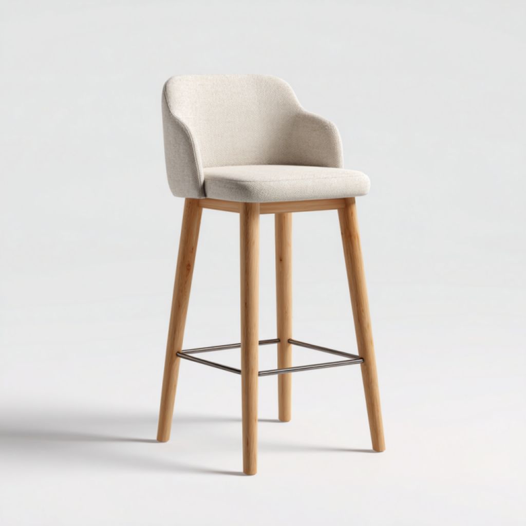 Taburete nórdico alto beige con respaldo y patas de madera color roble