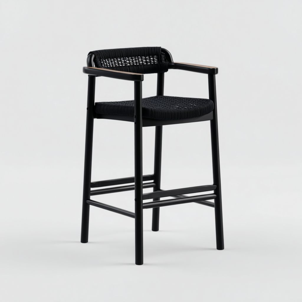 Taburete alto de exterior negro con asiento de cuerda trenzada y respaldo