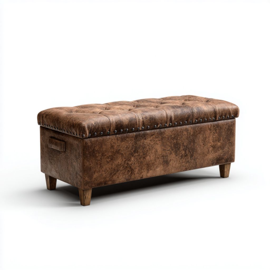 Banco de almacenamiento en polipiel marrón vintage con diseño capitoné y tachuelas