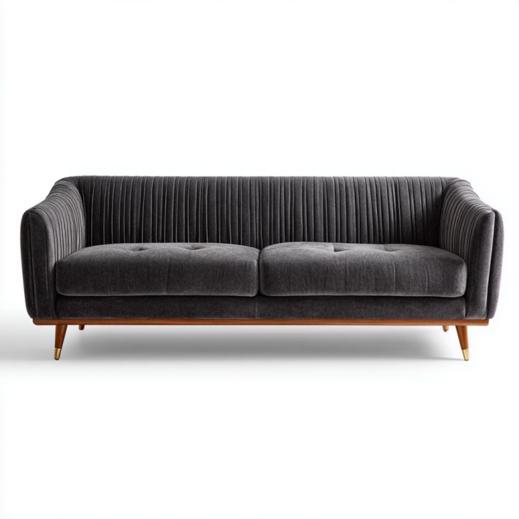 Sofá de 2 plazas gris de tela con base de madera y patas metálicas