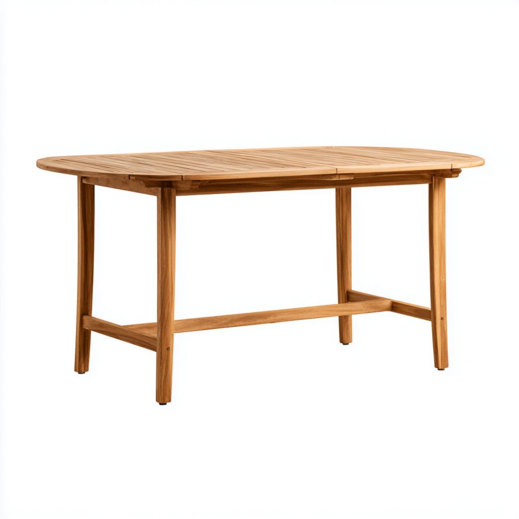 Mesa de exterior ovalada de madera natural, diseño moderno y elegante para exteriores