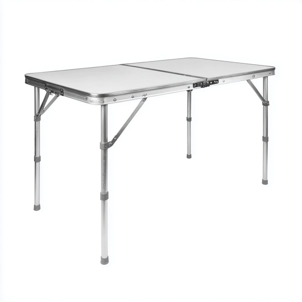 Mesa plegable exterior con marco metálico en color plata, diseño práctico