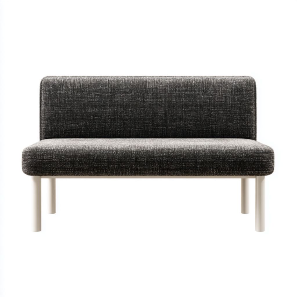 Banco tapizado en tela negra con respaldo y patas metálicas blancas