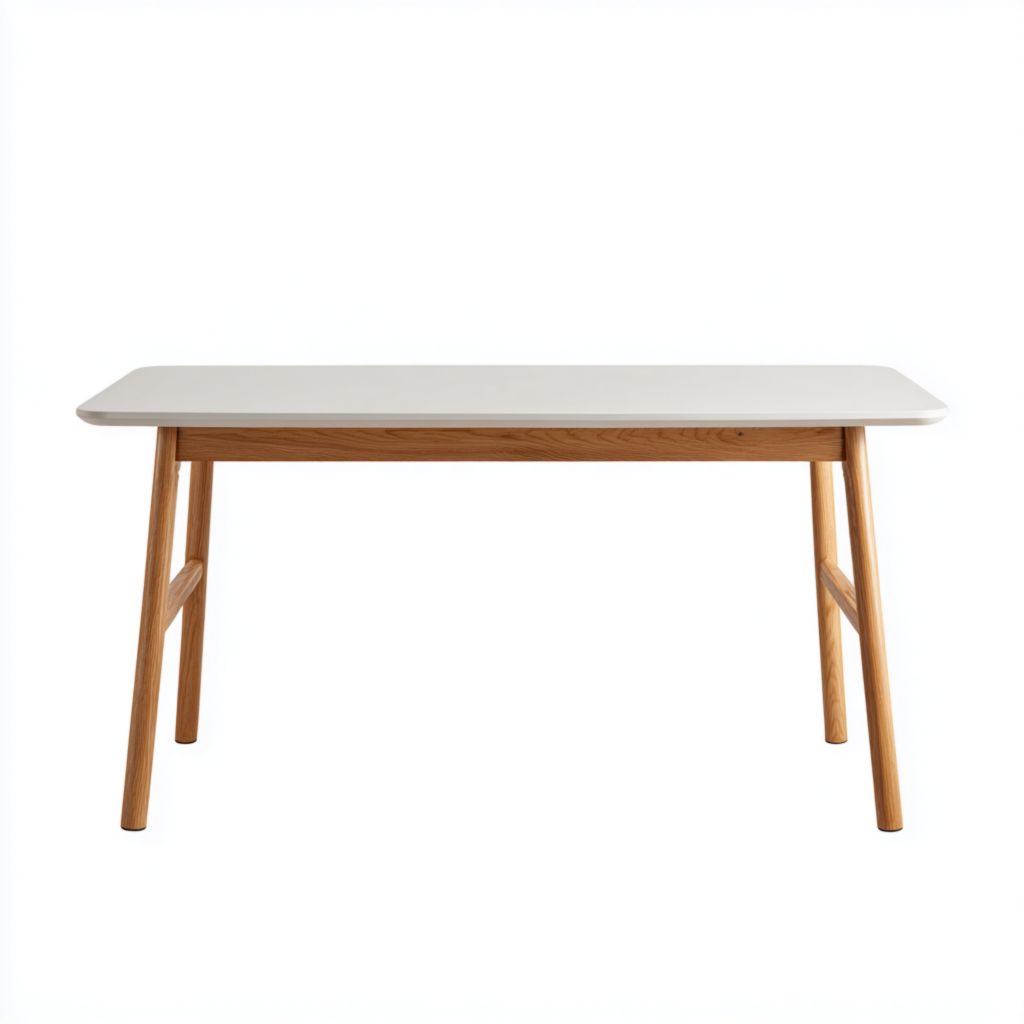 Mesa rectangular con tablero blanco y patas de madera color natural
