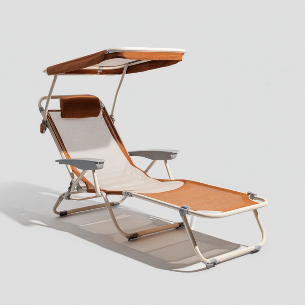 Tumbona de exterior plegable con estructura metálica beige y tejido de malla marrón con parasol y reposacabezas