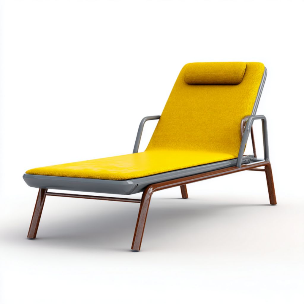 Tumbona de exterior con estructura de metal y madera, cojín amarillo y respaldo ajustable