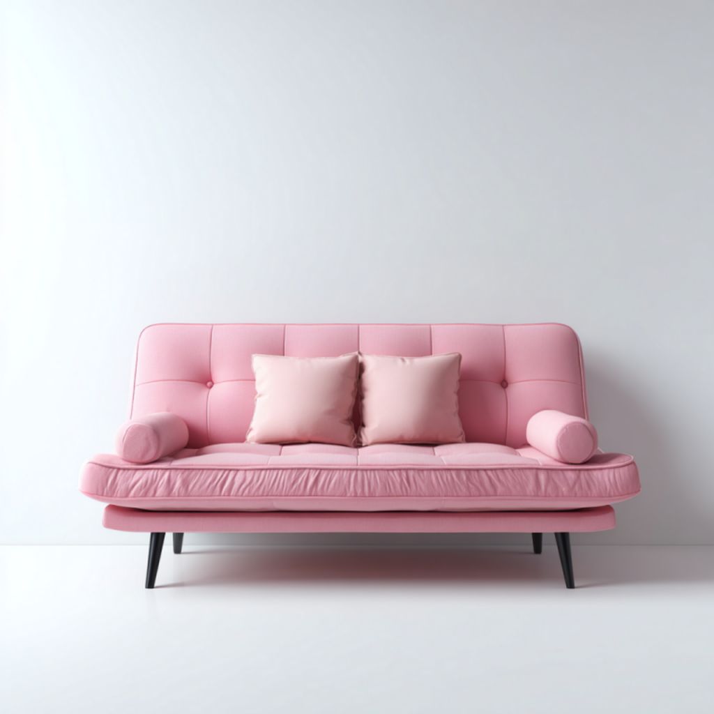 Sofá de 2 plazas rosa con cojines y almohadas cilíndricas