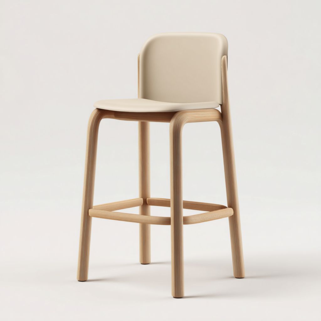 Taburete alto de exterior con estructura de madera clara y asiento beige, diseño minimalista