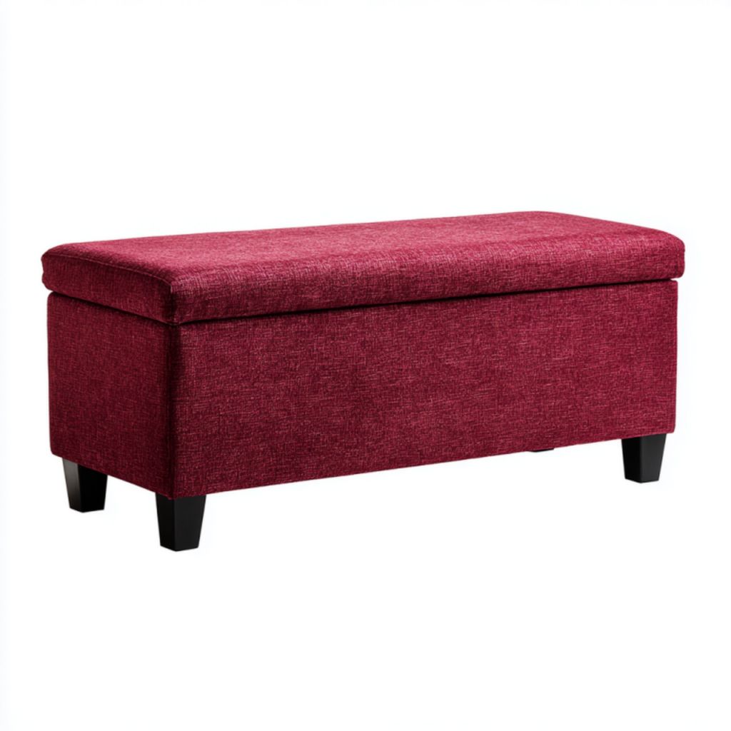 Banco reposapiés rectangular tapizado en tela color burdeos con espacio de almacenamiento