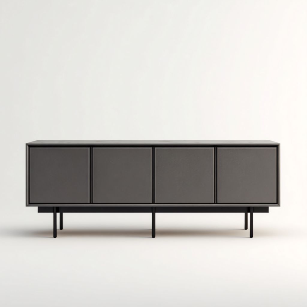 Mueble de TV gris oscuro, 4 puertas, base metálica negra