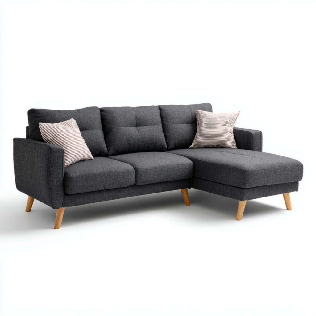 Sofá de esquina en tela gris oscuro (tres plazas, patas de madera, con dos cojines a rayas)