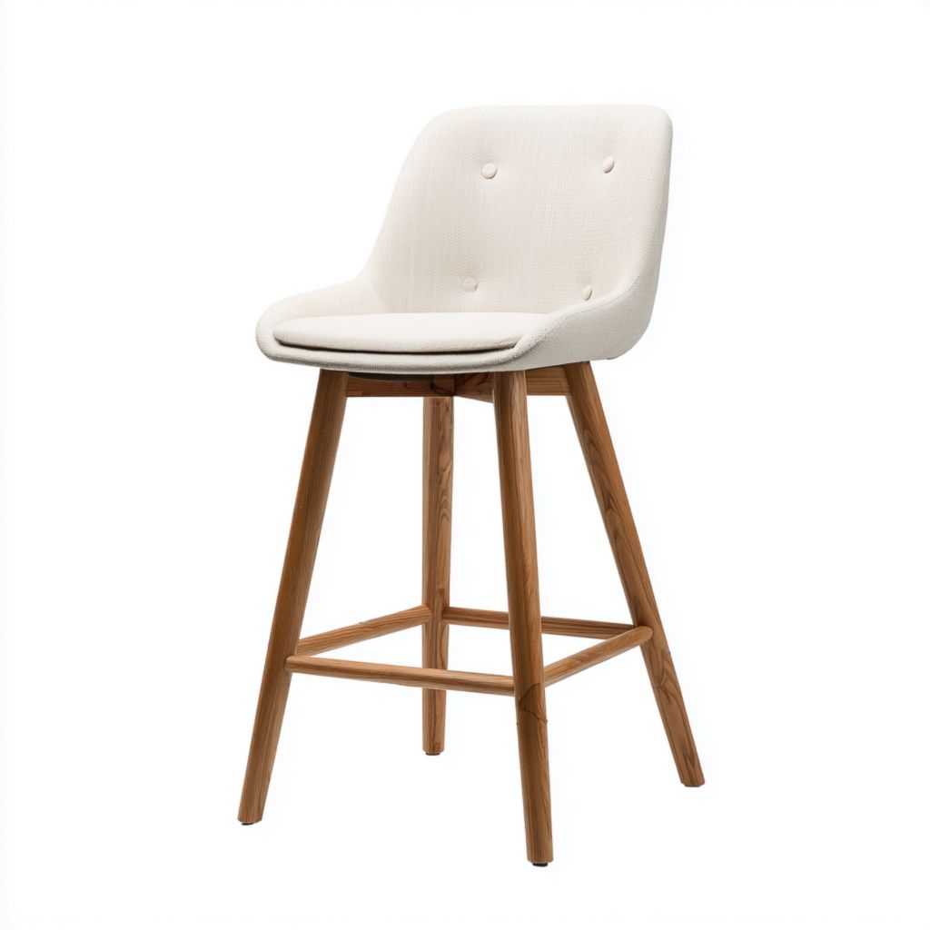 Taburete nórdico alto en tela beige claro con patas de madera