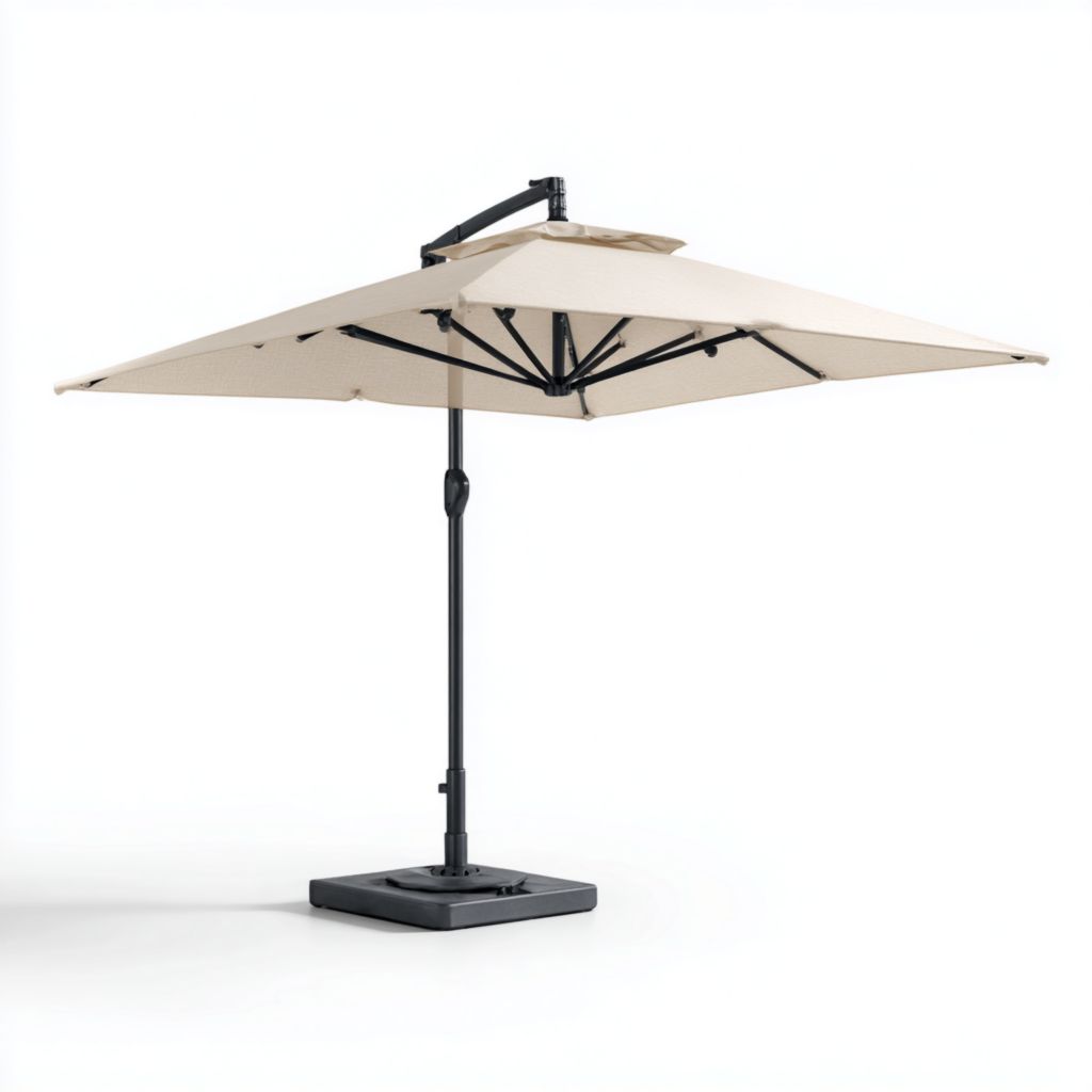 Sombrilla de Patio de Brazo Recto Beige, Estructura de Aluminio, Base Plástica Cuadrada, 2 Años de Garantía