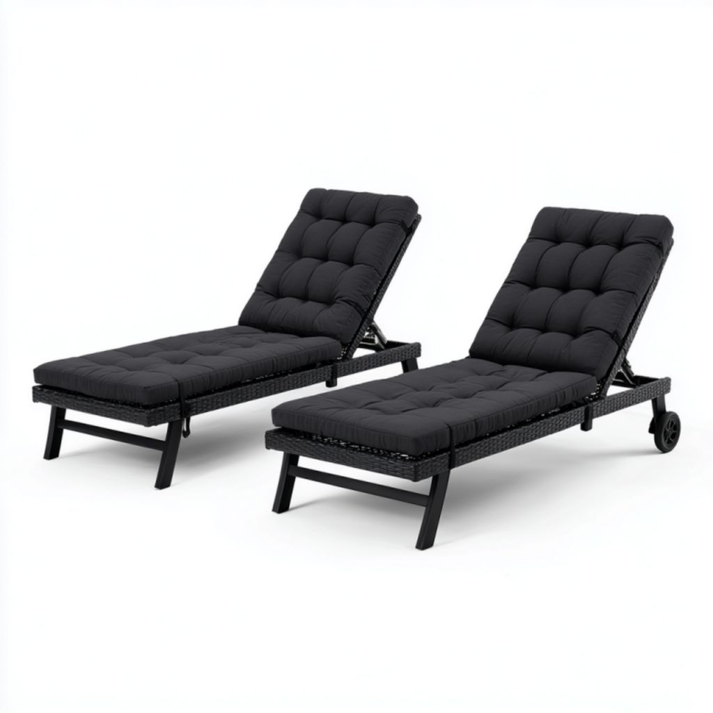 Juego de 2 tumbonas de exterior de ratán sintético negro con cojines gruesos negros