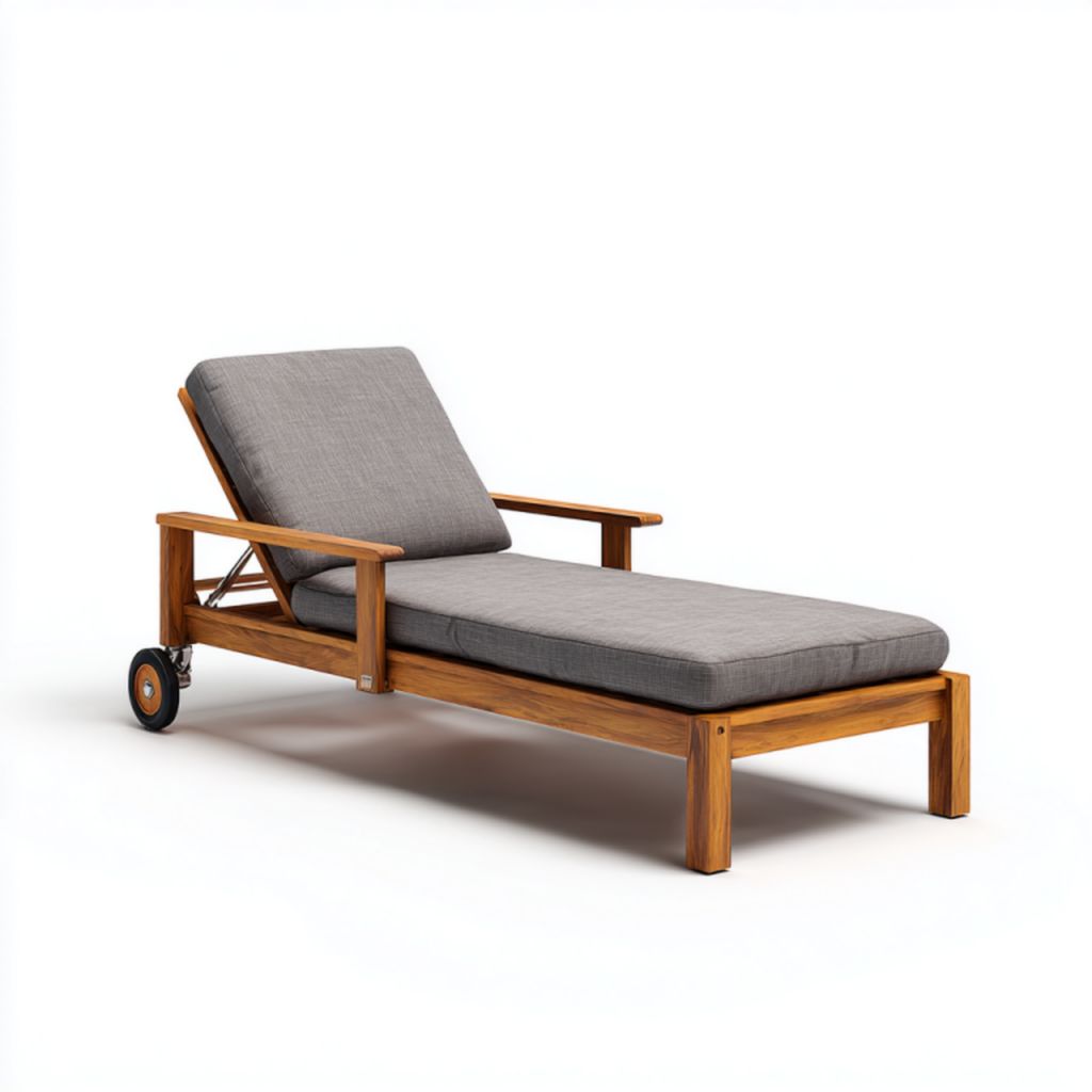 Tumbona de exterior con estructura de madera, cojines grises y ruedas posteriores