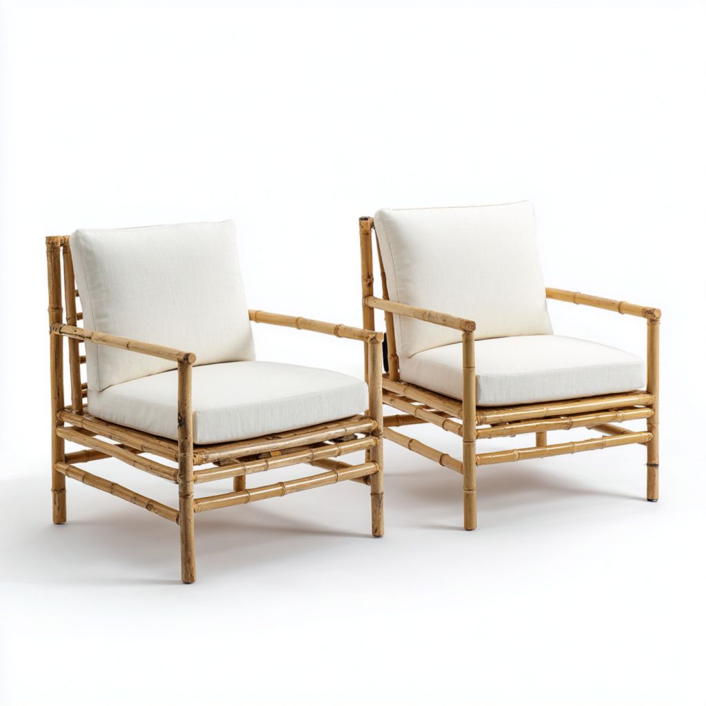 Sillas de exterior de bambú con cojines blancos, set de 2 piezas, diseño moderno y cómodo