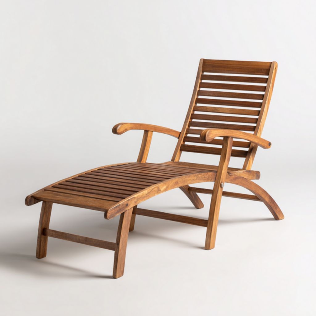 Tumbona de exterior de madera clara con diseño de lamas y reposabrazos