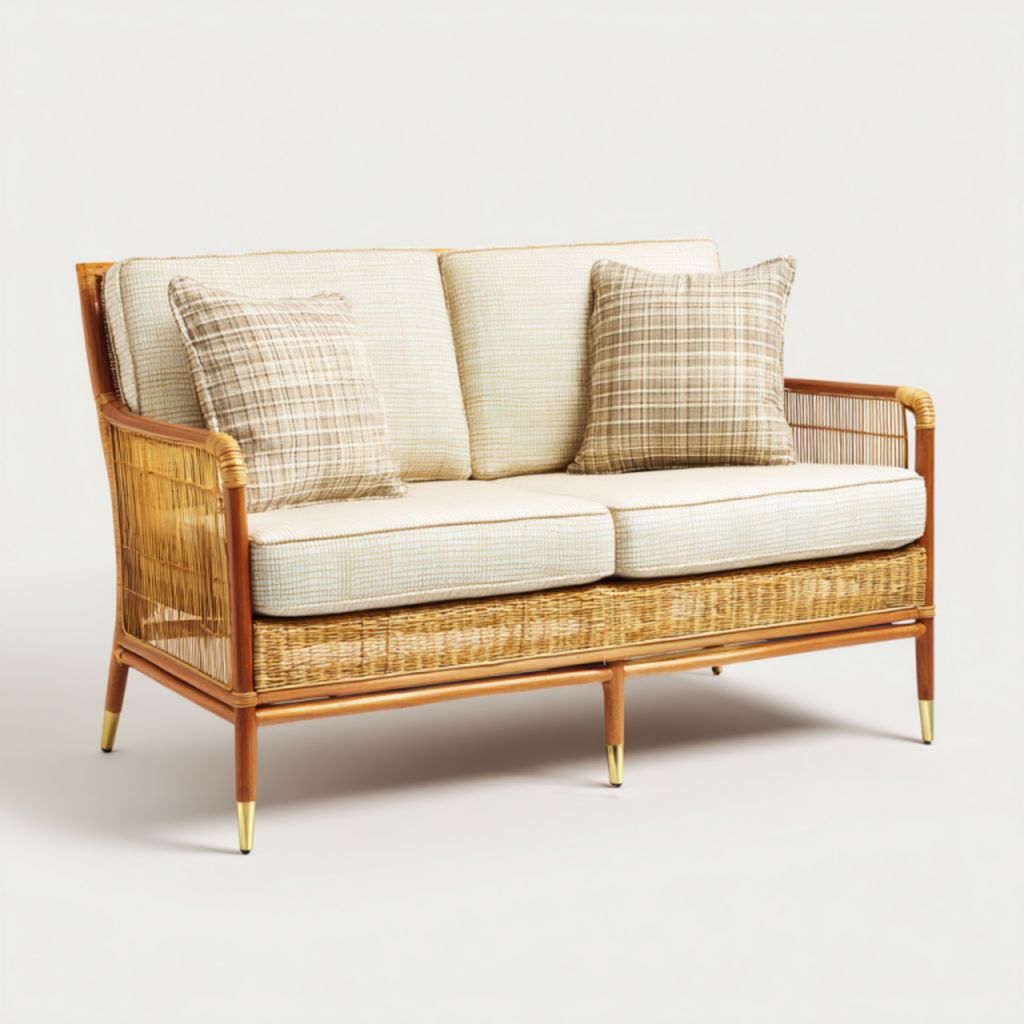 Sofá de 2 plazas de ratán y madera con 2 cojines a cuadros