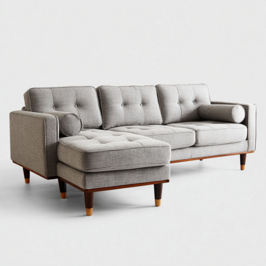 Sofá de esquina tapizado en tela gris claro (tres plazas con chaise longue y cojines cilíndricos)