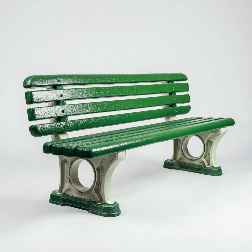 Banco de jardín de metal verde con base de hierro fundido para tres plazas