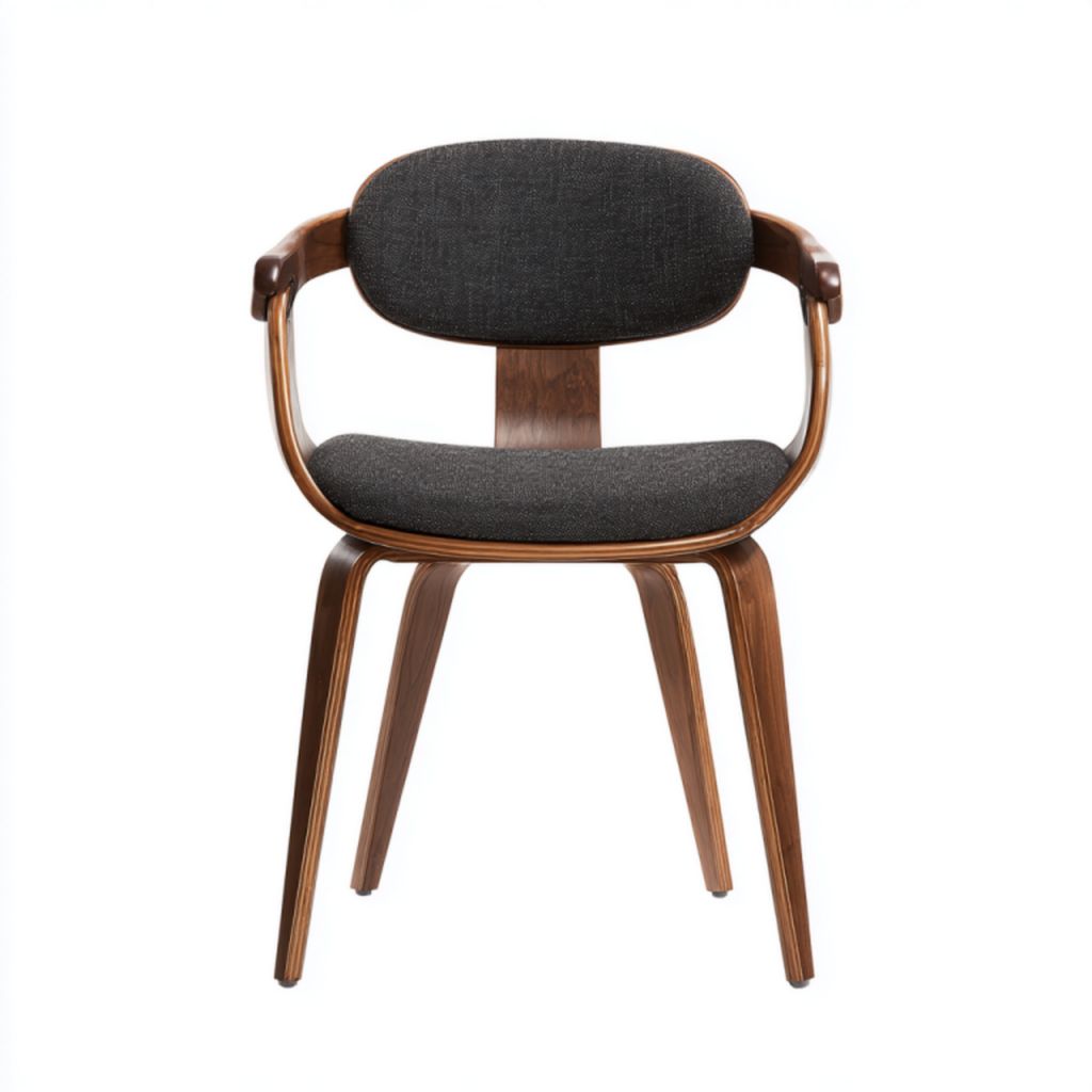 Sillón de madera con asiento y respaldo acolchados en gris oscuro