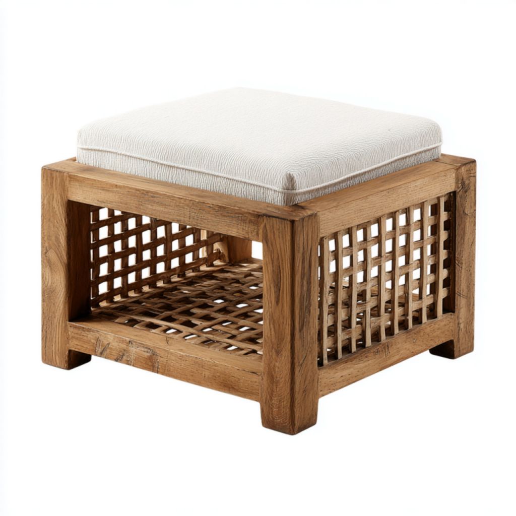 Taburete nórdico cuadrado de madera color natural con cojín extraíble beige y espacio de almacenamiento