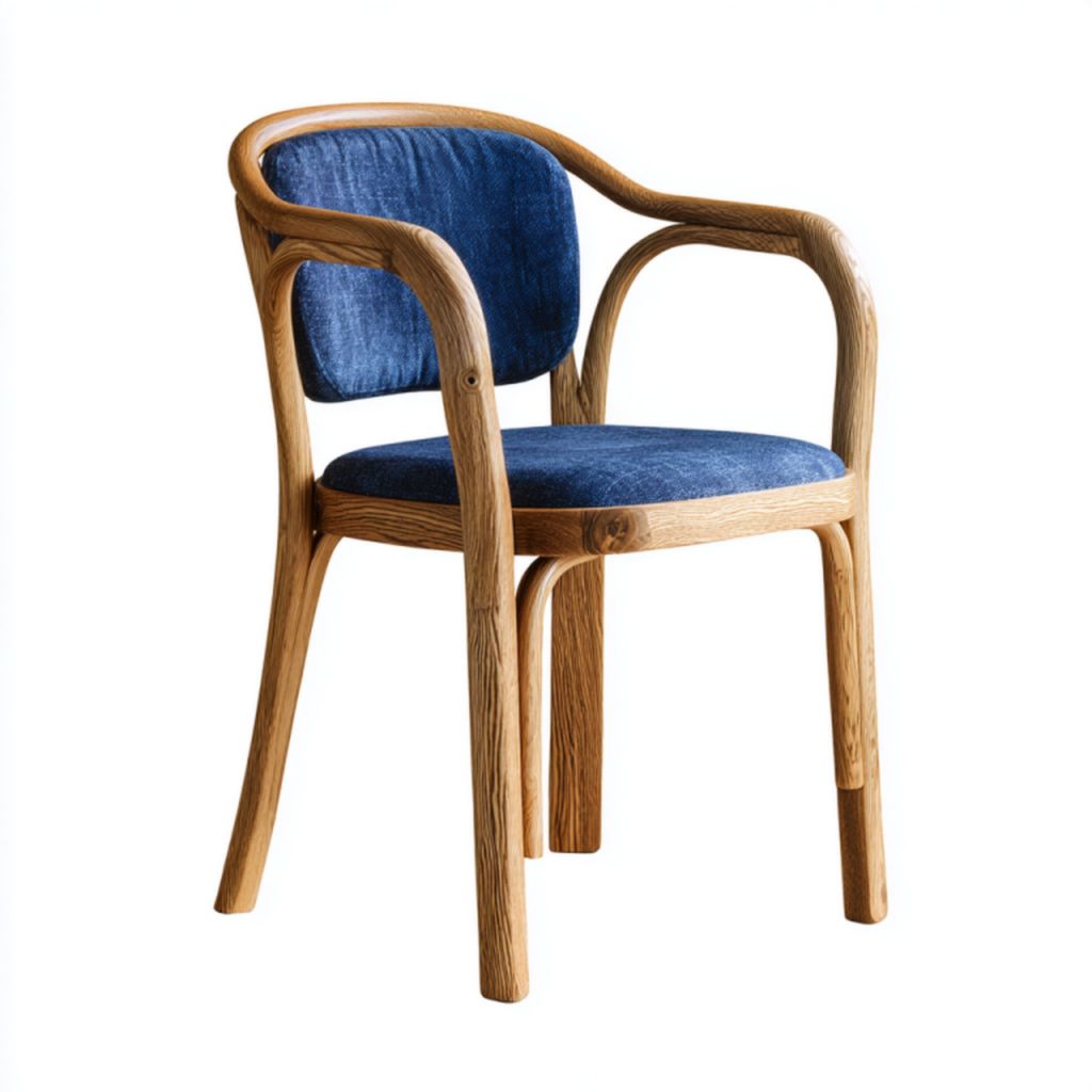 Sillón con estructura de madera y cojines azules