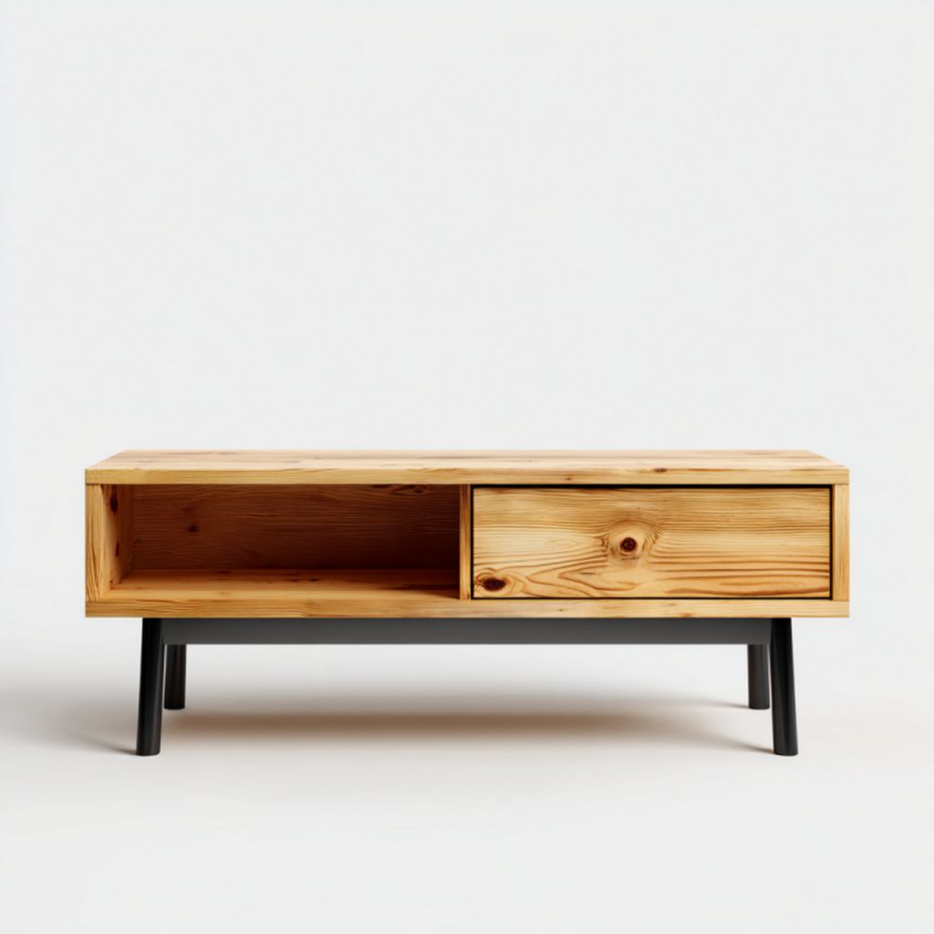 Mueble de TV color roble natural, 1 cajón + estante abierto, patas metálicas negras