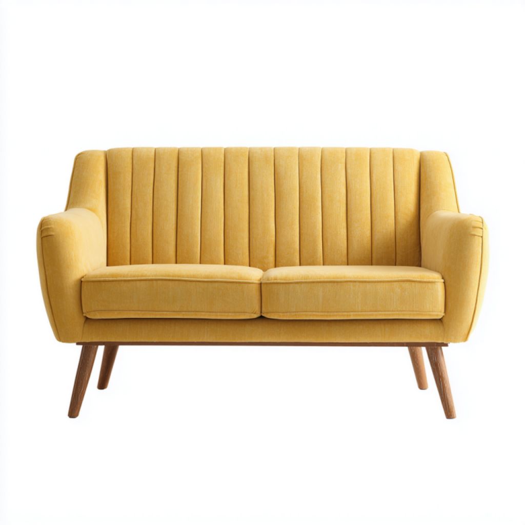 Sofá de 2 plazas amarillo de tela con patas de madera